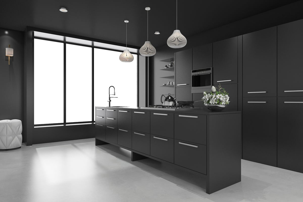 3d rendering black modern luxury kitchen and dining room