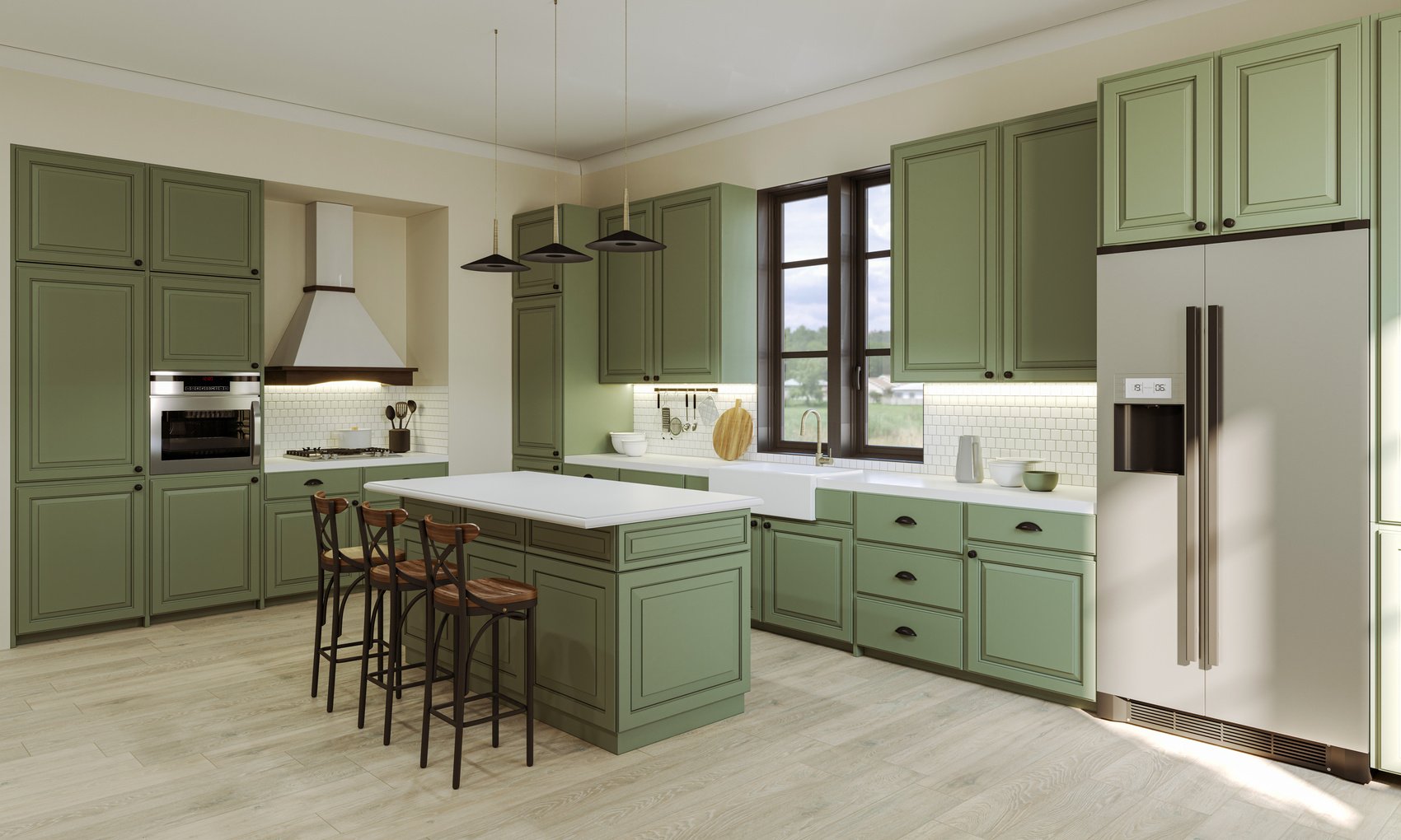 Large green kitchen with island.