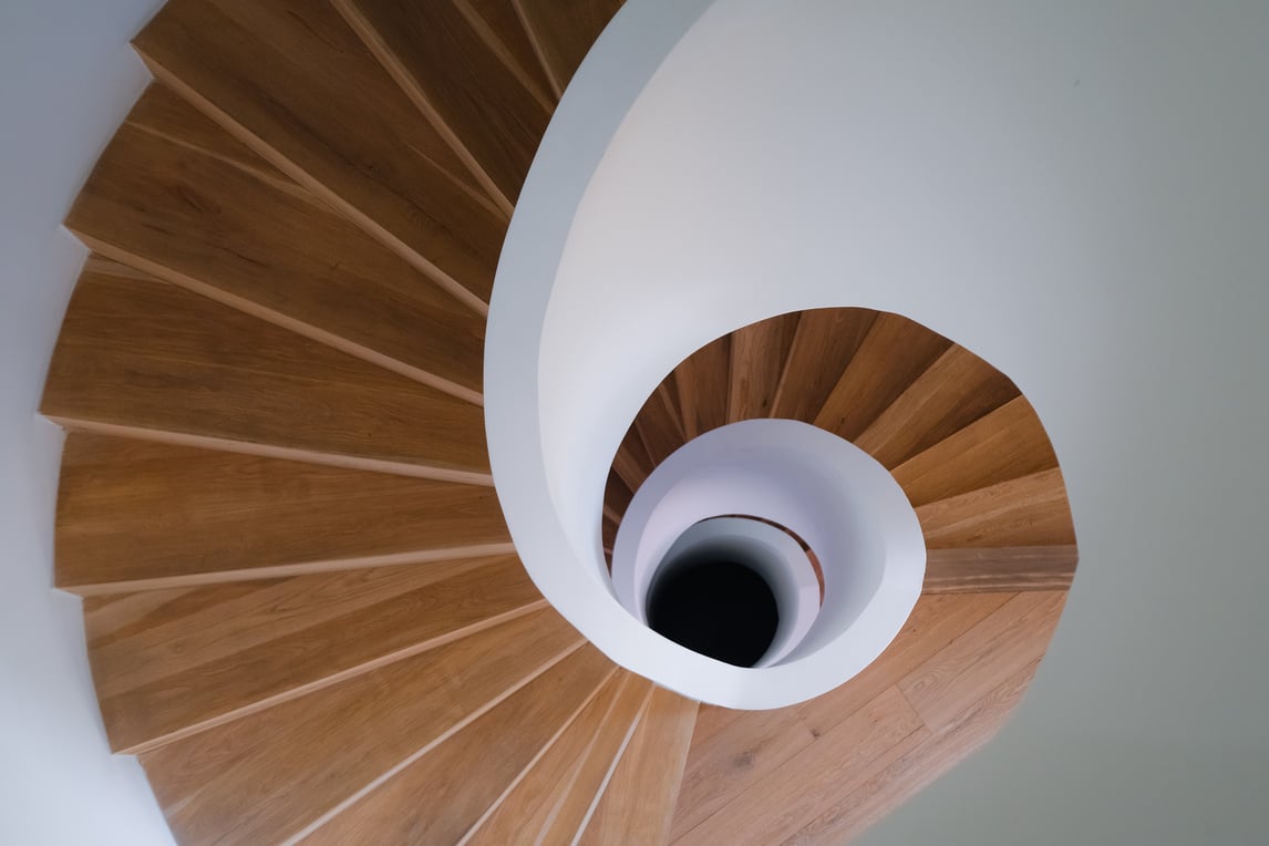 Top view of spiral staircase, indoors architecture perspective, golden ratio concept