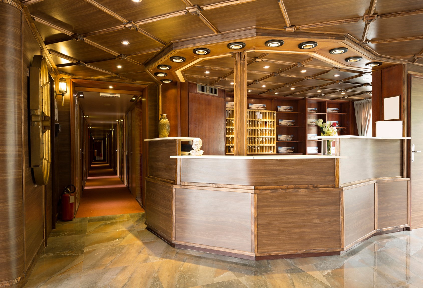 Reception area with reception desk on boat hotel