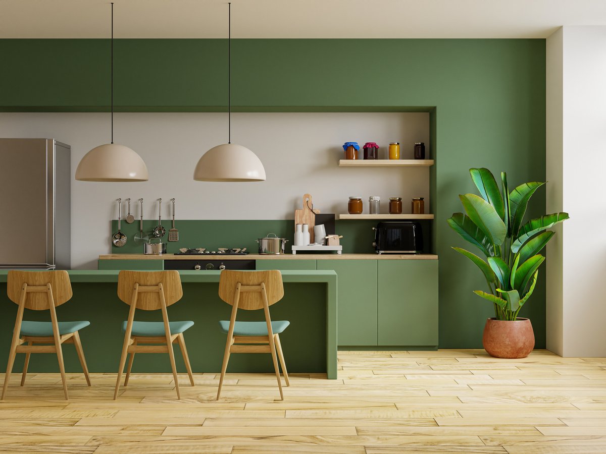 Modern Style Kitchen Interior Design with Green Wall.