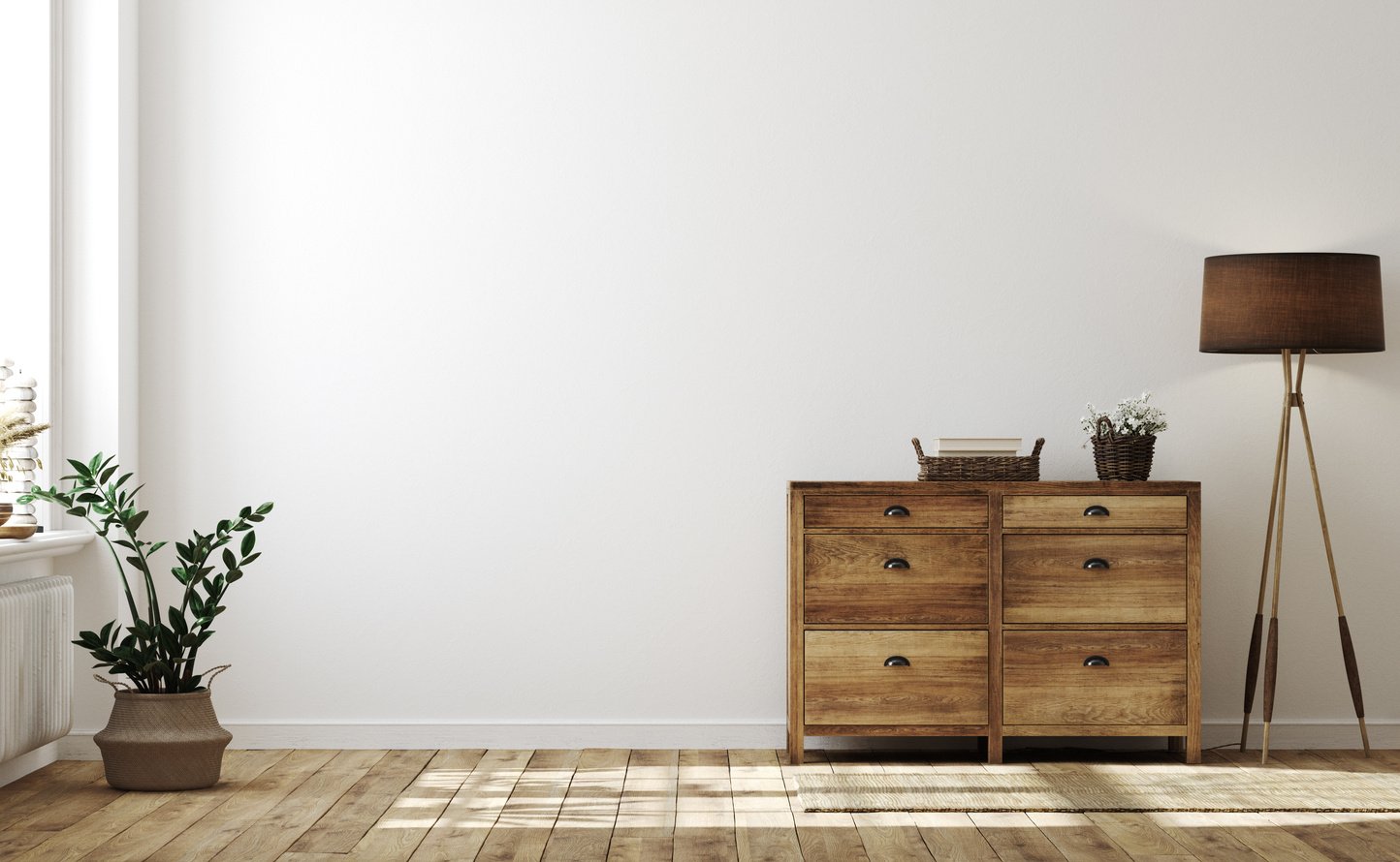 Farmhouse living room interior with wooden furniture, wall mockup