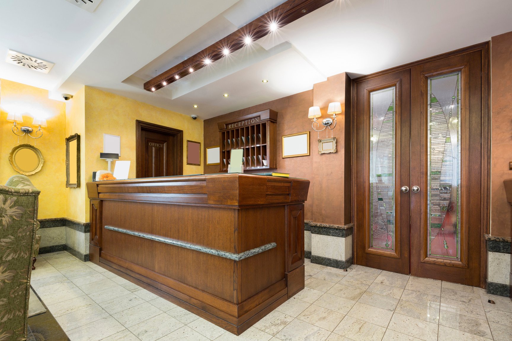 Reception area with wooden reception desk